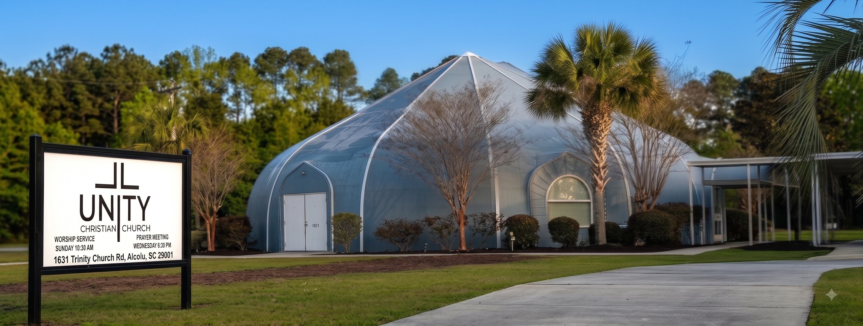 Unity Christian Church in Alcolu, South Carolina — church exterior and welcome sign